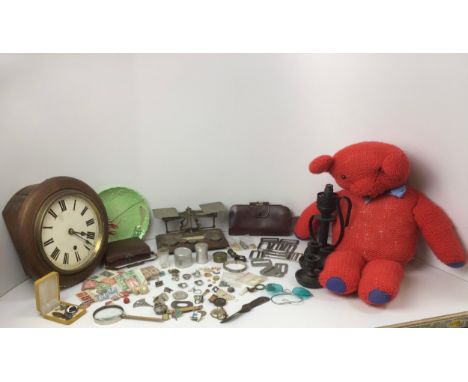 Collectables - Hand Knitted Teddy, Clock, Purse, Buckle, Scales, Stamps, Badges and Jewellery etc 