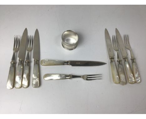 5x Sets of Silver Plated Fruit Knives and Forks with Silver Collars and Mother of Pearl Handles (Sheffield 1923) and Engine T