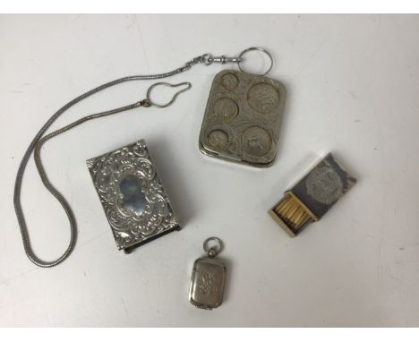 2x Vesta Cases, Miniature Snuff Box Pendant with Snuff and Plated Antique Coin Holder and Chain 