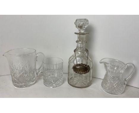 Decanter with Silver Whisky Label, Water Jugs and Whisky Glass 