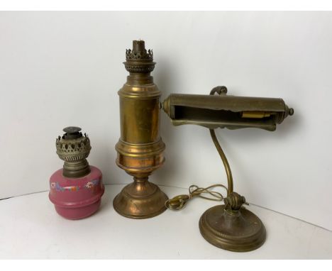 Vintage Bankers Lamp and 2x Oil Lamps 