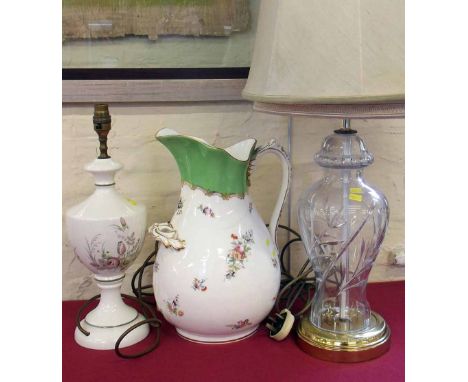 Floral lamp base, large Coalport "Mortle" jug and glass table lamp and shade. Condition report: see terms and conditions.