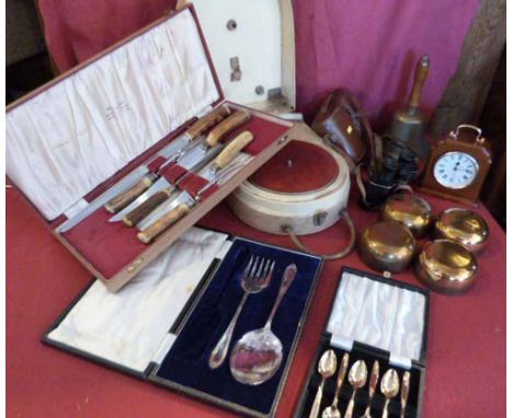 H - Philips portable record player, Wostenholm's carving set, brass bell, pair of Bausch and Comb cased binoculars, Quartz cl