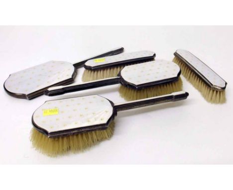 Guilloche enamel and silver backed 5-piece dressing table set. Condition report: see terms and conditions.