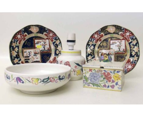 1930's Poole pottery honey pot, two other Poole pottery items and a pair of Mason's iron stone plates. Condition report: see 