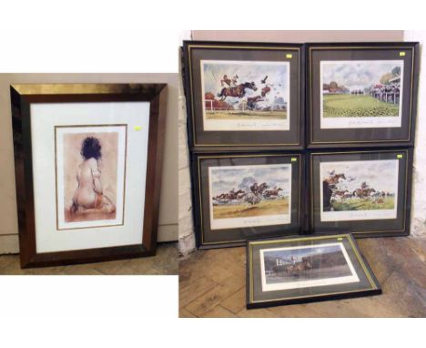 Five signed sporting prints after Norman Thelwell together with seated nude, signed limited edition print after Mark Spain (6