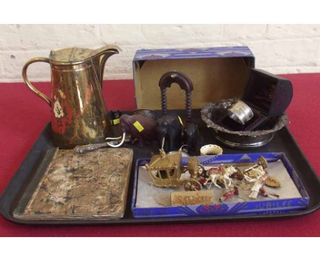 plated coaster, 2 silver napkin rings, silver pencil holder, silver butter knife. Helvetia pocket watch on stand. 3 ebony ele