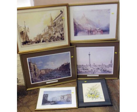Quantity of modern print and one watercolour painting mainly depicting Venice (6) Condition report: see terms and conditions.