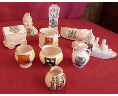 H - Four pieces of Goss crested ware (Eynsham Abbey, Hedon, Selby & Kingsbridge), two by Swan china (Brighton & Robinhoods Ba