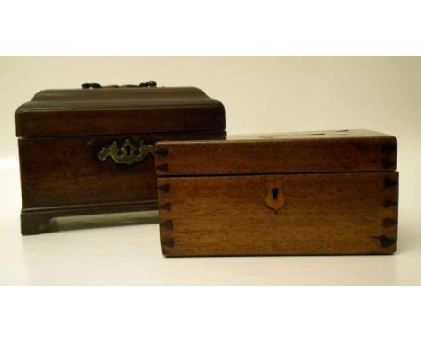 George III mahogany tea caddy with oak interior, also a marquetry money box. Condition report: see terms and conditions.