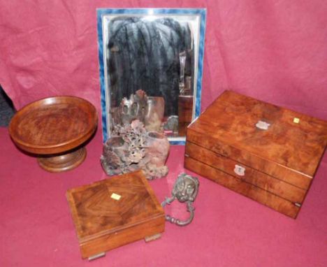 H - Walnut writing slope and cigar box, soapstone vase, oak fruit stand, mirror and door knocker. Condition report: see terms