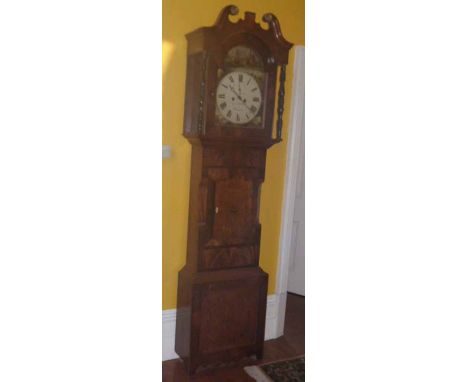 H - Mahogany and oak 8-day enamel dial longcase clock, B. Gaunt, Barnsley, the painted panels depicting colliery scenes. Cond