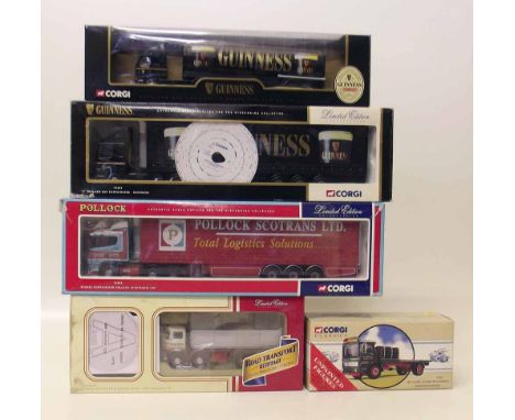 Four Corgi trucks articulated wagons, two Guiness Portlock Samlongson Ltd and AEC flat bed. Condition report: see terms and c