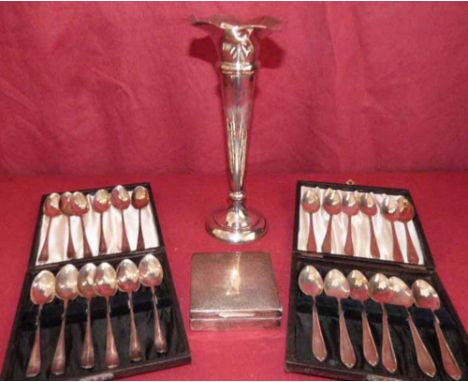 H - 24 Silver teaspoons, weighted silver posy vase and square silver cigarette case Condition report: see terms and condition