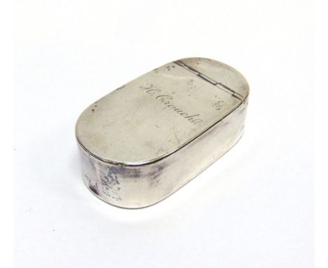A GEORGIAN SILVER SNUFF BOX by Samuel Pemberton, Birmingham 1796, of plain rounded rectangular form, inscribed H. Crouch, 6.3