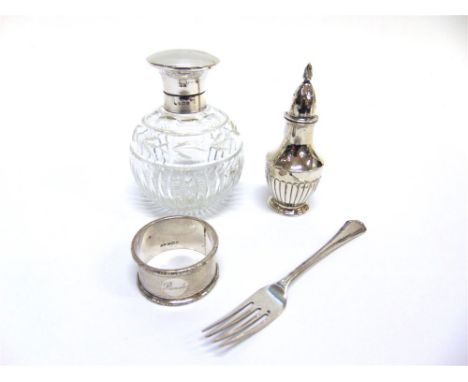 A SILVER TOPPED GLASS SCENT BOTTLE  Birmingham 1925, the globular body with hinged plain cover, with stopper, 10.5cm high; wi