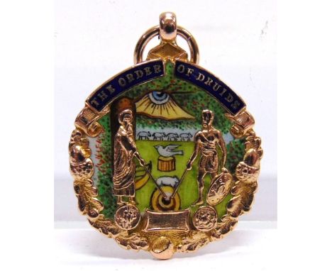 A 9 CARAT GOLD AND ENAMEL 'ORDER OF DRUIDS' MEDAL maker W.J.D., Birmingham 1933, inscribed to the reverse 'Presented-to-Bro. 