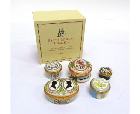 FIVE HALCYON DAYS ENAMEL BOXES,  together with a boxed Staffordshire Enamels trinket box in gift bag (6)