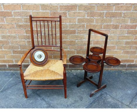 A PAIR OF CARVED BAR BACK RUSH SEAT BEDROOM CHAIRS  and an elm stool on four turned supports (3)