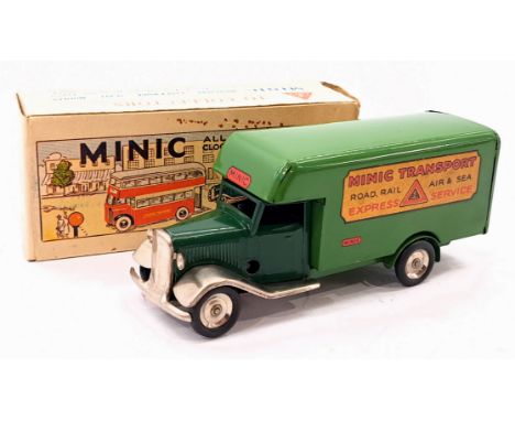 Triang Minic Post War Luton Van 24M, tinplate, clockwork, dark green cab, light green trailer, within Fair Plus box, some sma