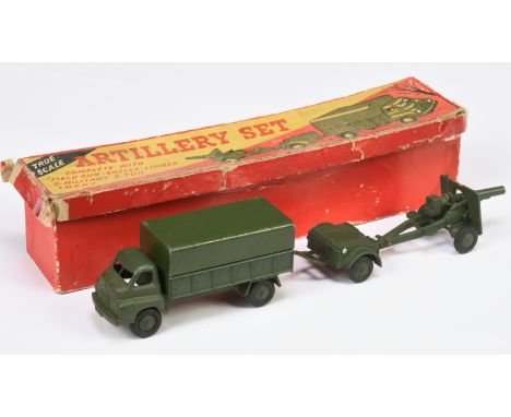 Kemlow (Made in England) Artillery Set - 1960's issue - comprising of 3 Ton Lorry, Field Gun, Limber, missing shells. Conditi