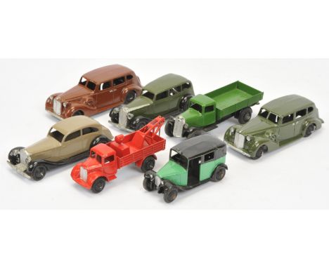 Dinky Toys group of early issue Vehicles to include (1) 30e Breakdown Truck - red, silver trim, black ridged hubs with black 