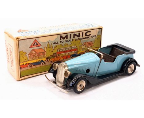 Triang Minic Post War Vauxhall Tourer 17M, tinplate, clockwork, pale blue, black running boards, wooden seats, within Fair Pl