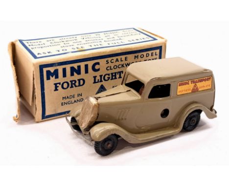 Triang Minic Post War Ford Light Van 2M, tinplate, clockwork, beige, within Good box (opening flap is detached but present), 