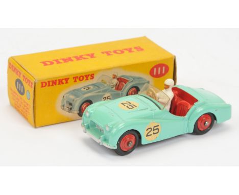 Dinky Toys 111 Triumph TR2 Sports - Turquoise body, red rigid hubs with black smooth tyres, red interior with figure, silver 