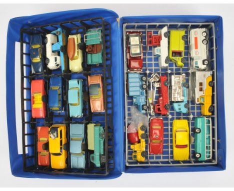 Matchbox carry case - containing 2 trays complete with 24 models of Corgi and Husky. Conditions are Good to Near Mint in Good