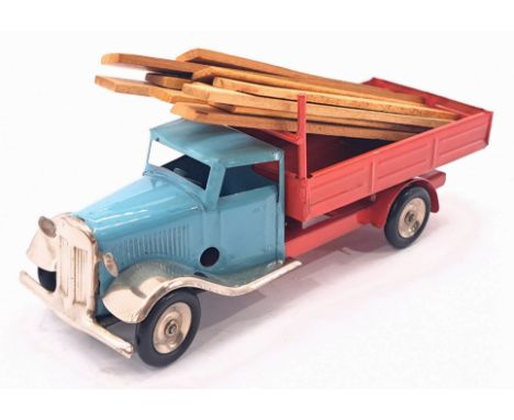 Triang Minic Post War Builders Lorry 68M, tinplate, clockwork, blue cab, red body, wooden load, light age related wear otherw