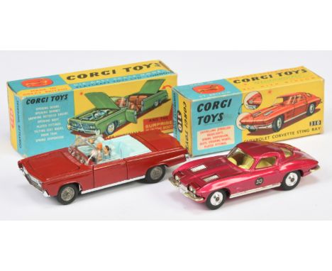 Corgi Toys pair of Vehicles comprising of (1) 246 Chrysler Imperial - red body, pale blue interior with 2x figures, chrome tr