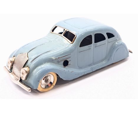 Triang Minic Pre War Streamline Saloon 9M, tinplate, clockwork, light blue, wooden seats, cracks to tyres and wear to paint t
