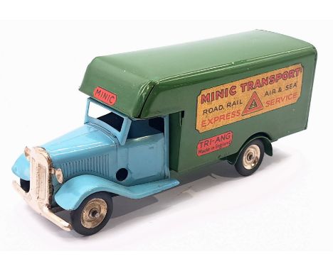 Triang Minic Post War Luton Van 24M, tinplate, clockwork, light blue cab, green trailer, few scuffs to paint otherwise Good t
