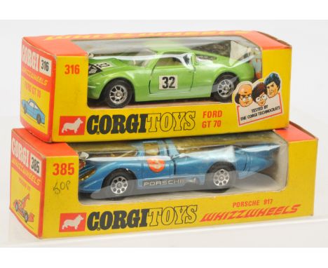 Corgi Toys pair of Vehicles comprising of (1) 316 Ford Gt 70 - Green, black engine cover, spoked Whizzwheels and (2) 385 Pors