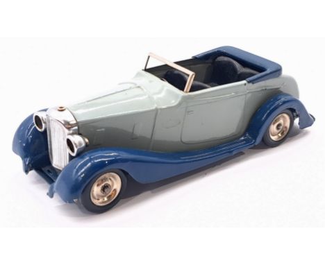 Triang Minic Pre War Bentley Tourer 37M, tinplate, clockwork, light blue, dark blue running boards, age related wear (small c