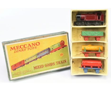 Dinky Toys (Meccano) Pre-War 19 Mixed Goods Train Set - containing Locomotive - maroon and black and Wagons - (1) Tanker - Re