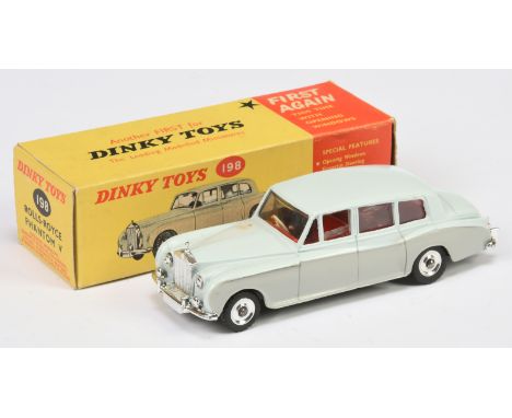 Dinky Toys 198 Rolls Royce Phantom V - two-tone light grey over mid-grey, red interior with figure, chrome trim and spun hubs