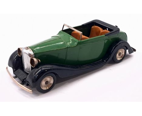 Triang Minic Post War Bentley Tourer 39M, tinplate, clockwork, dark green, black running boards, light age related wear (tarn