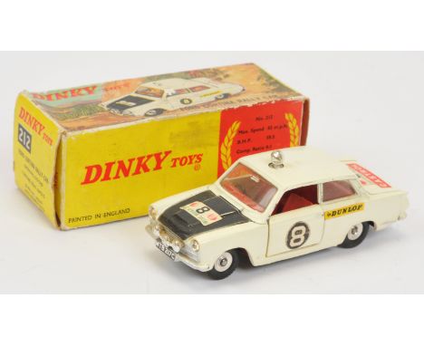 Dinky Toys 212 Ford Cortina Rally Car - Off white, black bonnet, red interior, spun hubs, chrome trim and roof spot-light. Co