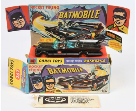 Corgi Toys 267 "Batman" Batmobile - Gloss black body. red bat hubs, blue windows with "Batman &amp; Robin" Figures, aerial. C