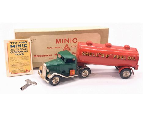 Triang Minic Post War Shell BR Tanker 31M, tinplate, clockwork, green cab, red tanker, within Good to Good Plus box,&nbsp; li