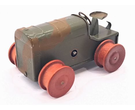 &nbsp;Triang Minic Pre War Army Tractor 11MCF, tinplate, clockwork, green/brown camouflage livery, some scuff to paint otherw