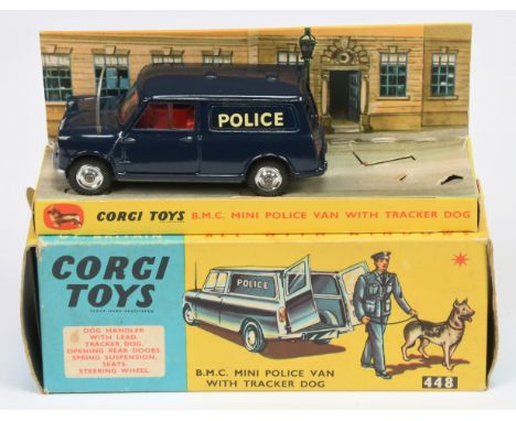 Corgi Toys 448 Austin Mini "Police" Van - Blue body, red interior, silver trim, spun hubs, aerial, MISSING 2x figures. Condit