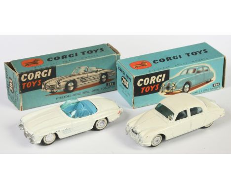Corgi Toys pair of Vehicles comprising of (1) 208 Jaguar 2.4 Litre - White body, silver trim, flat spun hubs and (2) 303 Merc