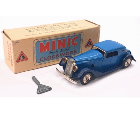 New Zealand Triang Minic Vauxhall Cabriolet 19M, tinplate, clockwork, blue, dark blue running boards, within Good box, touch 