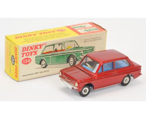 Dinky Toys 138 Hillman Imp Saloon - metallic red body, blue interior, silver trim, chrome spun hubs with treaded tyres (missi