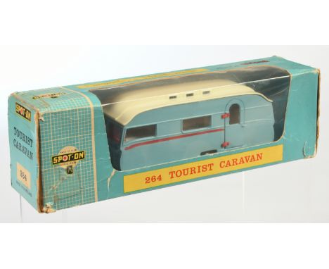 Triang Spot-On 264 Tourer Caravan - light blue body with white roof, grey draw bar, cast spun hubs. Condition is Excellent (m