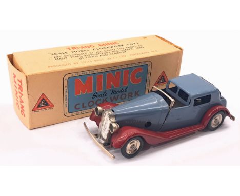 New Zealand Triang Minic Vauxhall Town Coupe 18M, tinplate, clockwork, mauve, red running boards, within Good Plus box (tear 