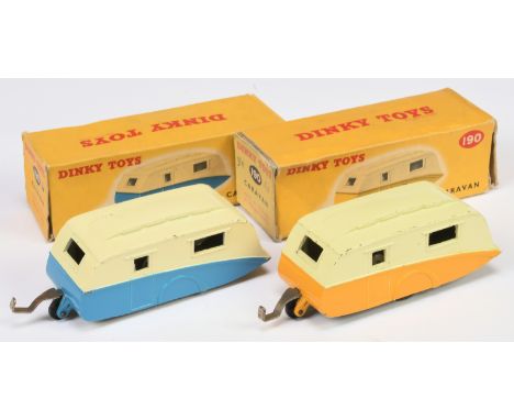 Dinky Toys pair of 190 Caravans (1) Two-Tone cream and yellow, light beige rigid hubs with black smooth tyres, chrome draw ba